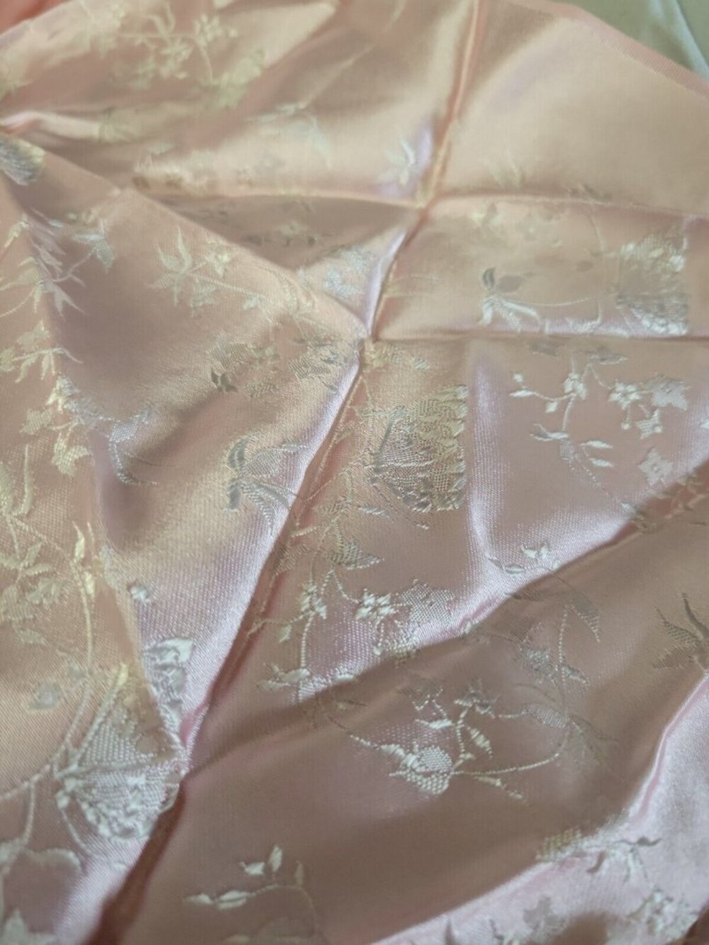 Scarf Satin Pink White Embossed Florals Butterflies Fringe France 10x46in Vtg